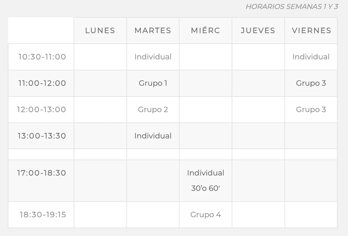 horarios clases semanas 1 y 3